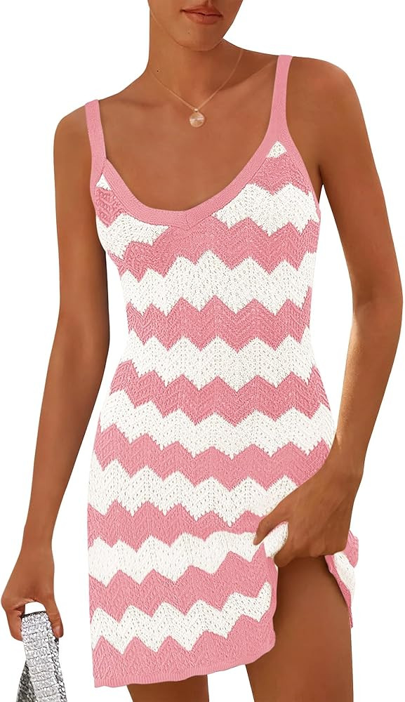 KIRUNDO Swimsuit Coverup for Women 2025 Summer Mini Crochet Knit Bathing Suit Striped Sleeveless ... | Amazon (US)