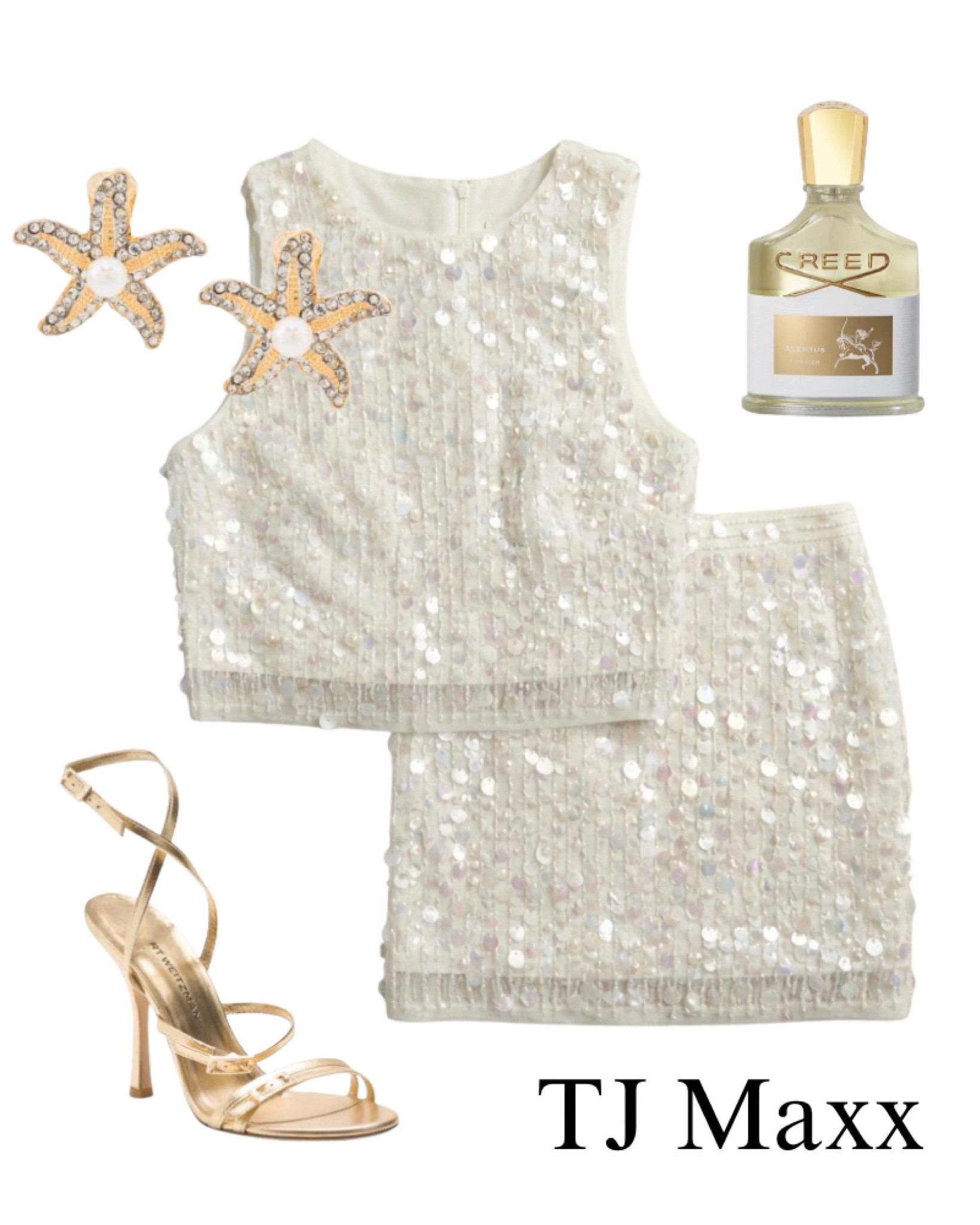 TJ Maxx summer outfit idea, sequin top and skirt, gold heels, starfish earrings, creed perfume, mermaid vibes, party, brides.

#LTKootd #LTKSaleAlert