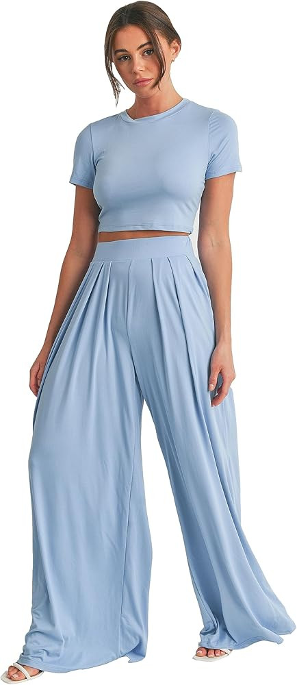 STRALUCISHOP Women's 2 Piece Outfits Short Sleeve Crop Top and Wide Leg Palazzo Pants Set | Amazon (US)