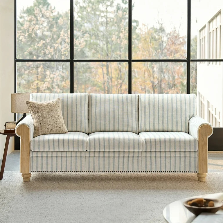 81" 3-Seater Farmhouse Sofa with Rolled Arms, Solid Wood Legs & Striped Linen Upholstery for Livi... | Walmart (US)