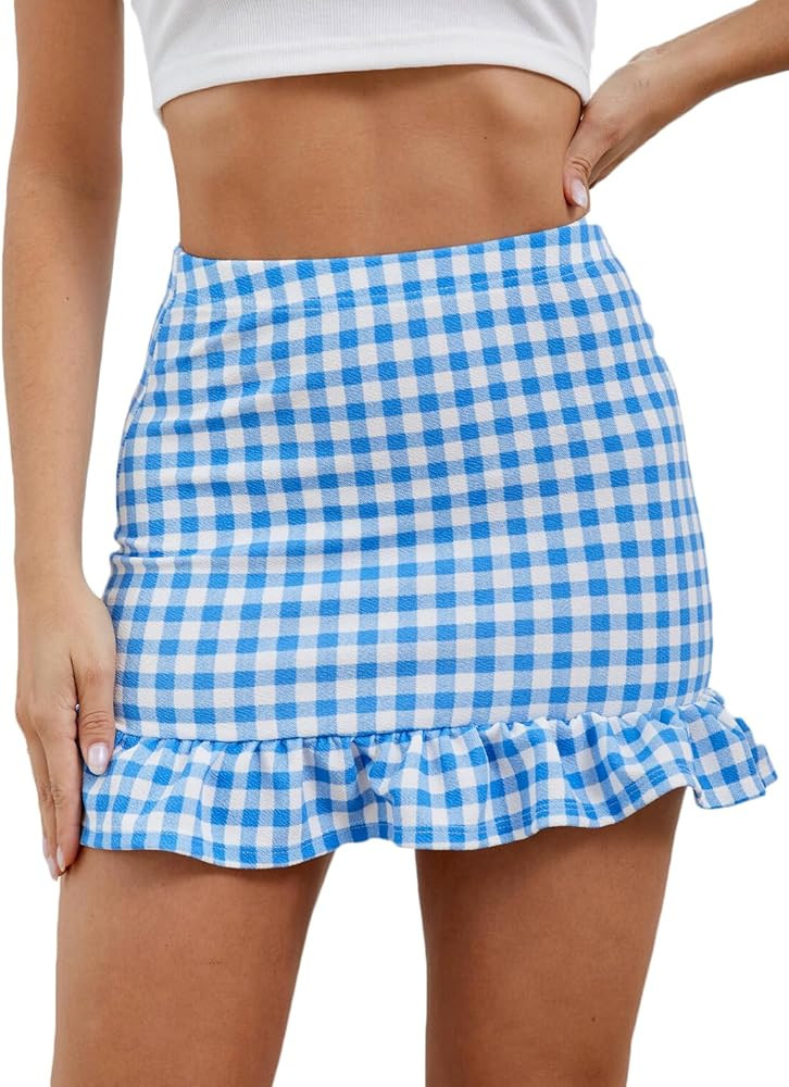 Milumia Women's Casual Plaid Ruffle Hem Mini Skirt Summer High Waisted Bodycon Skirts | Amazon (US)