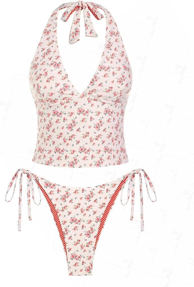 seamoly Gingham Bowknot Decor Halter Tied Chic Tankini Set | Amazon (US)