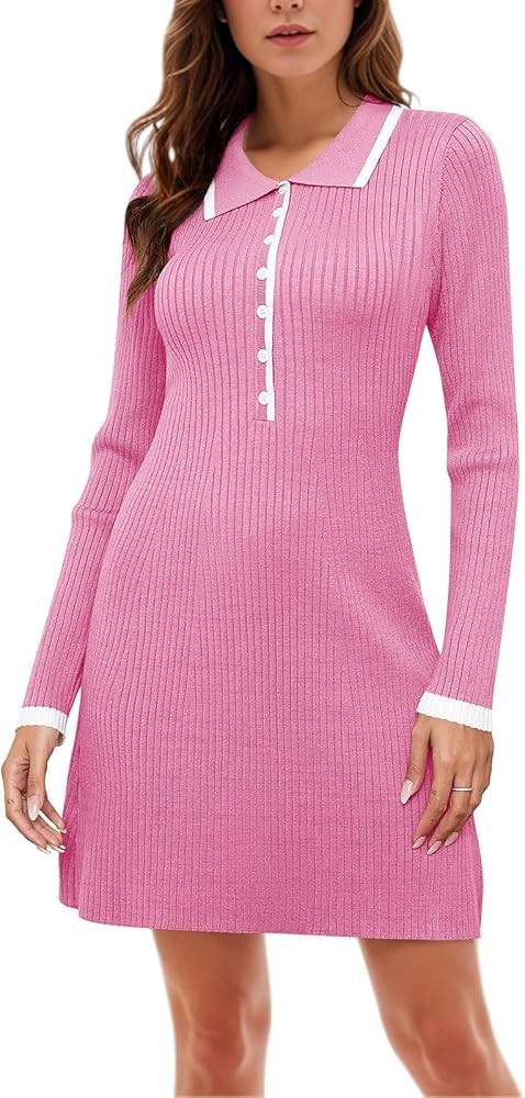 Women Bodycon Dresses Ribbed Knit Midi Dresses Sweater Business Work Fall V Neck Button Down Dres... | Amazon (US)