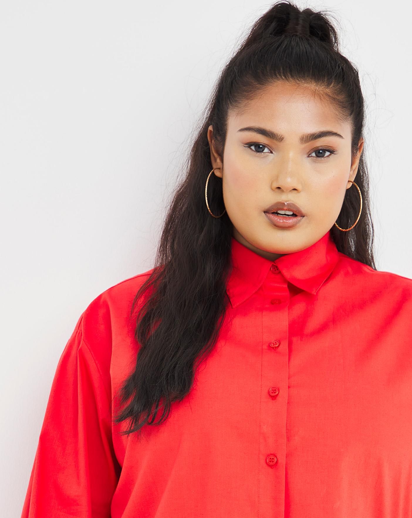 Red Cotton Poplin Oversized Boyfriend Shirt | Simply Be (UK)