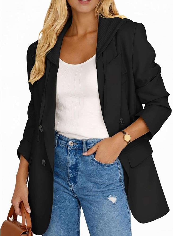 Mina Self 2026 Women's Spring Hooded Blazer Jacket - Double-Breasted Oversize Loose Fully-Lined W... | Amazon (US)