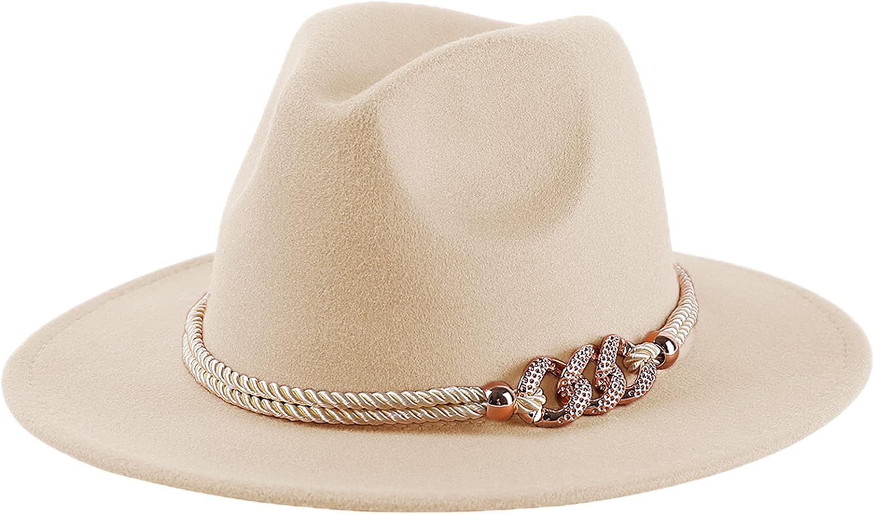 Lanzom Vintage Fedora Hats for Women Warm Wool Felt Wide Brim Hat with Rope Belt Panama Hat | Amazon (US)