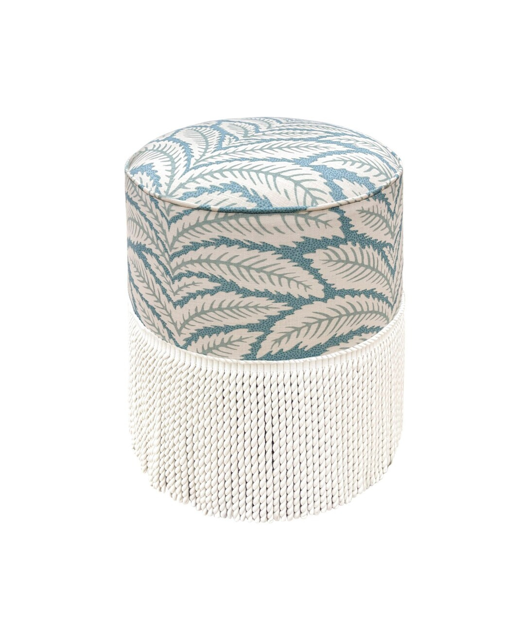 Brunschwig Fils Talavera Linen // Aqua Bullion Fringe Tight Round Ottoman Floral Round Stool Upho... | Etsy (US)