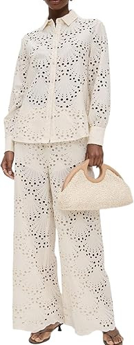 Pants Sets Women 2 Piece Long Sleeve Button Shirts Hollow Out Lace Tops Loose Fit Pants Stylish C... | Amazon (US)