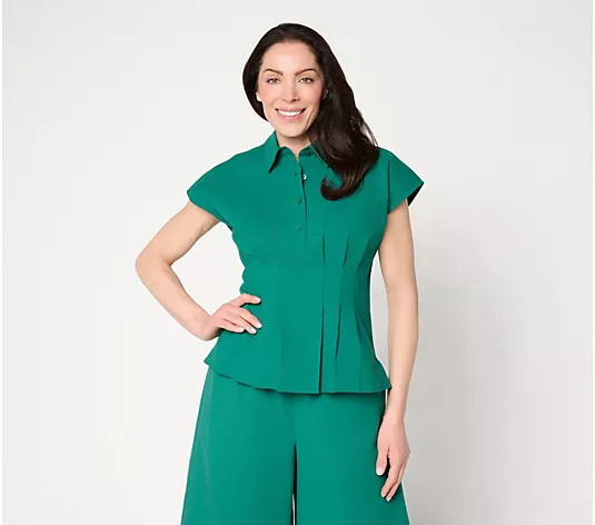 Carla Rockmore Collection Cotton Rich Pleated Waist Henley Shirt - QVC.com | QVC