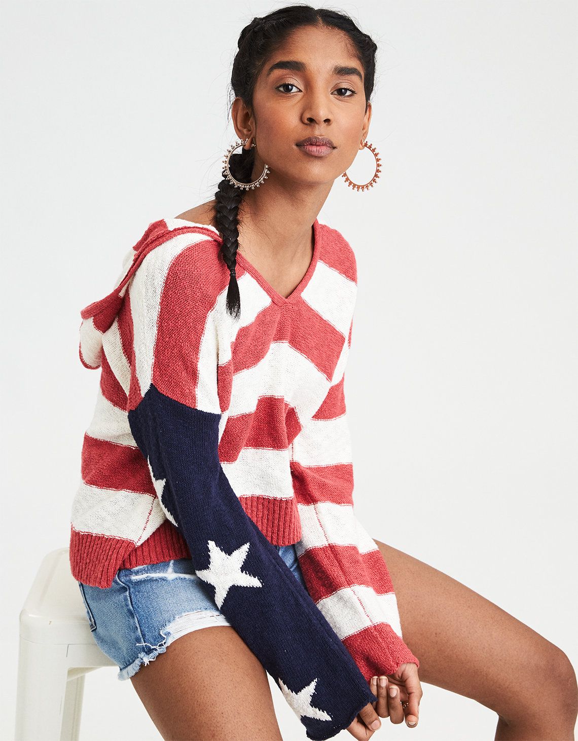 AE Americana Cropped Sweater Hoodie, Multi | American Eagle Outfitters (US & CA)