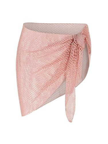ZAFUL Sarong Coverups for Women Beach Vacation Fishnet See Thru Tie Side Bathing Suit Cover Up Mini Skirt (1-Light Red, One Size) | Amazon (US)