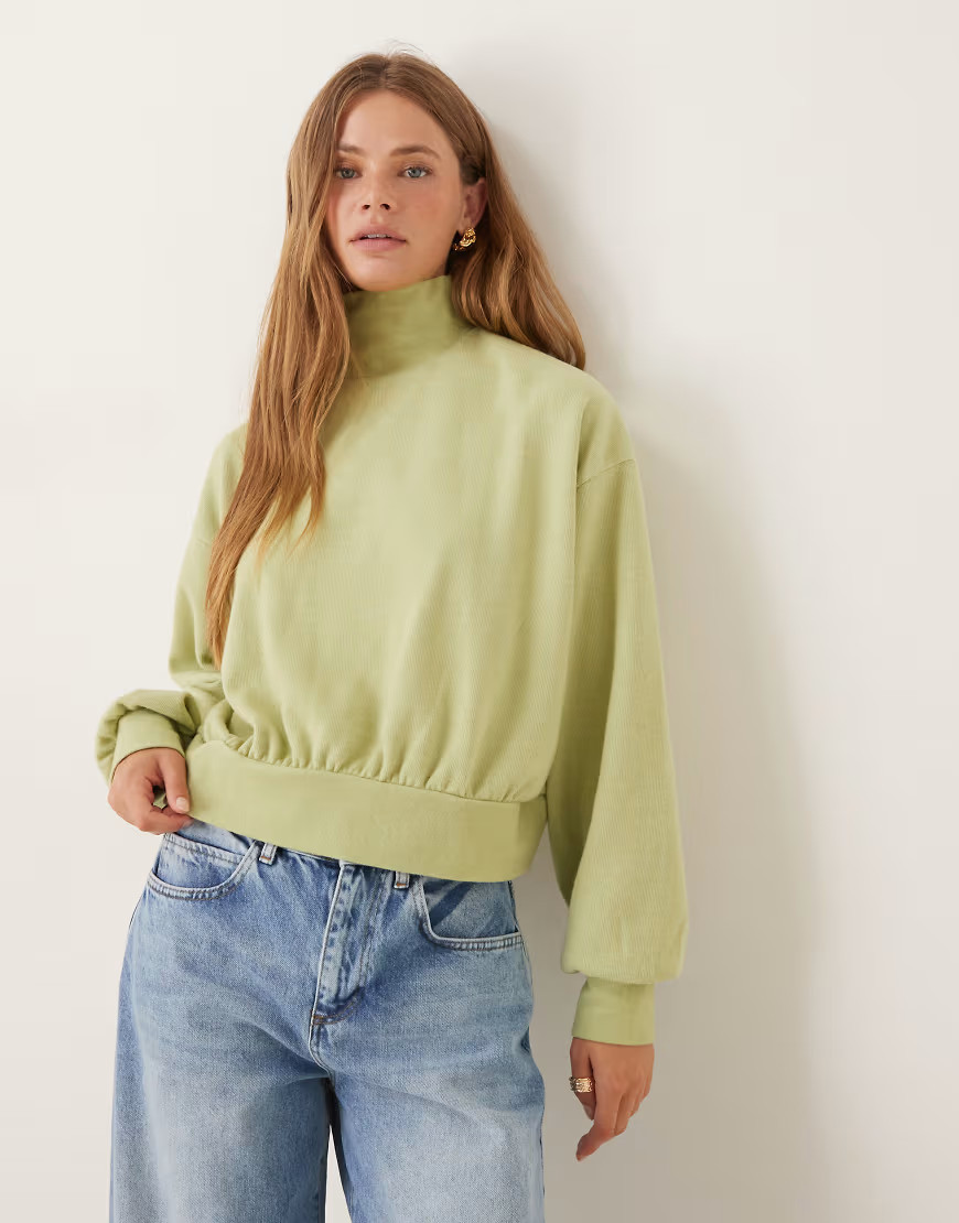 ASOS DESIGN Supersoft curved hem high neck sweater with balloon sleeves in pastel green | ASOS (Global)