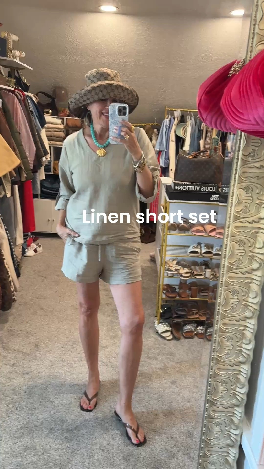 Affordable Linen short set 

This cute easy to wear great quality v neck 3/4 sleeves top and draw string waist short with pocket 
Fits tts and comes in several colors 
I am wear a med in olive 

The cutest and supper comfy and affordable jelly kitten heels 

Affordable chunky chain necklace with gold shell large charm  under $20 and so good  on sale $14

Gucci logo hat 

Turquoise beade hoop earring a local boutique linked similar

#LTKootd #LTKOver40 #LTKSaleAlert