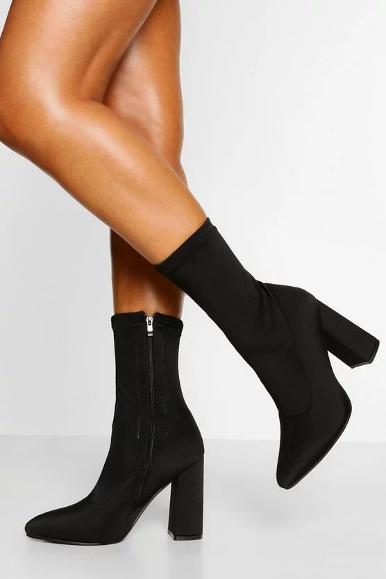 Wide Fit Pointed Block Heel Sock Boot | Boohoo.com (UK & IE)