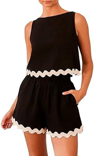 Amazon.com: YINGLOP Womens Lounge Sets Ricrac Trim Sleeveless Tank Top Ripple Solid Color Elastic... | Amazon (US)