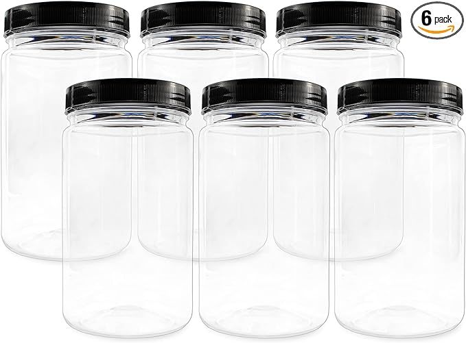 32oz Clear Plastic Jars with Black Ribbed Lids (6 pack): BPA Free PET Quart Size Canisters for Ki... | Amazon (US)