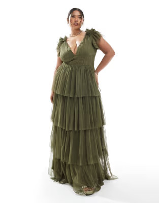 Lace & Beads Plus Bridesmaid ruffle tiered tulle maxi dress in deep olive green | ASOS | ASOS (Global)