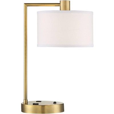 360 Lighting Modern Desk Table Lamp with USB and AC Power Outlet in Base Antique Brass Linen Drum... | Target