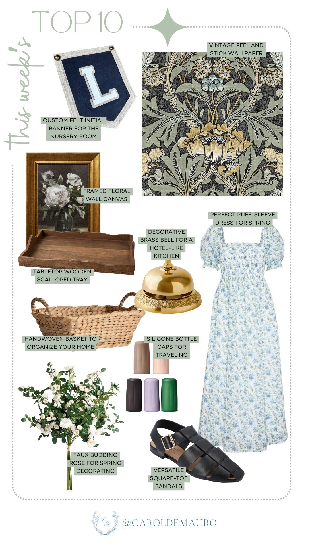 Rounded up your favorite finds of the week, ranging from cozy vintage nursery decor, decorative brass bell, scalloped tray, handwoven basket, to the perfect spring puff-sleeve dress, versatile square-toe flats, and silicone bottle caps!

top 10, farmhouse styling, tabletop decor, faux florals, living room inspo, spring dresses, fisherman sandals, bestseller

#LTKU #LTKSeasonal #LTKHome