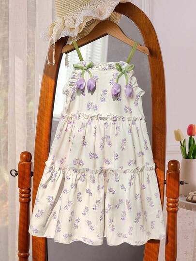 SHEIN Genkimix Kids 1pc Young Girl Easter 3D Tulip Decor Floral Pattern Cami Dress, Lilac Ditsy F... | SHEIN