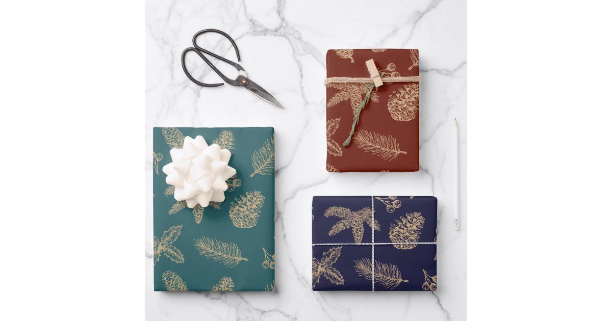 Christmas classic gold pine & botanical Pattern Wrapping Paper Sheets | Zazzle | Zazzle