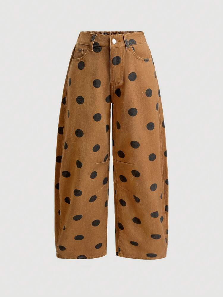 SHEIN PETITE Women's Casual Washed Polka Dot Print Denim Jeans | SHEIN