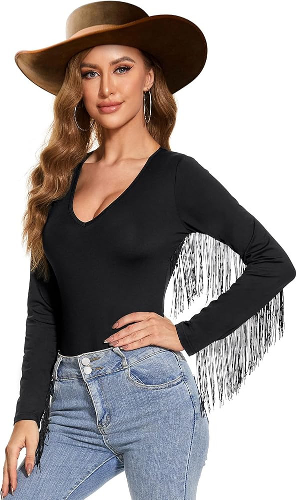 Zando Womens Fringe Trim Bodysuit Long Sleeve Bodysuit Thong V Neck Bodysuit for Women Sexy Tops ... | Amazon (US)
