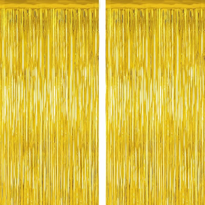 2 Pack Gold Tinsel Backdrop, 3.28 FT x 7.05 FT Metallic Fringe Curtain, Gold Color Graduation Bac... | Amazon (US)