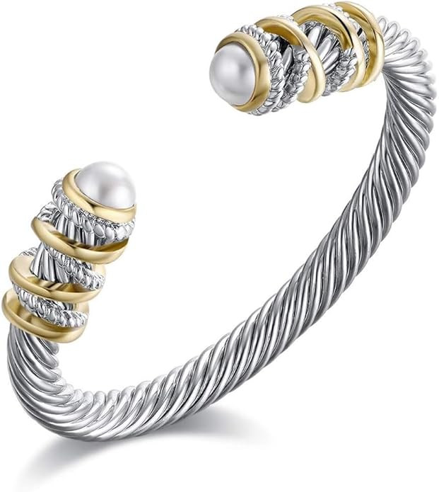 Twisted Cable Bracelet with Composite Shell Pearl 6" Antique Cuff Bracelets for Women | Amazon (US)