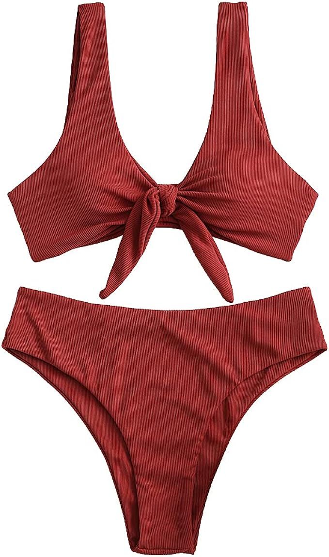 ZAFUL Womens Solid Color Strap Padded Front Knot Bikini Set | Amazon (US)