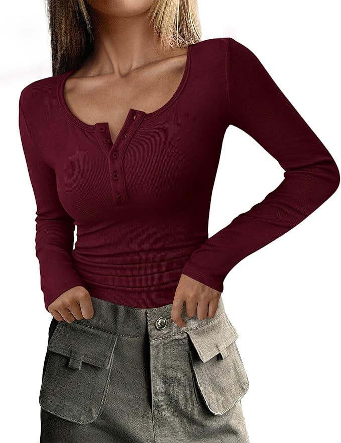 PRETTYGARDEN Women's 2025 Fall Long Sleeve Henley T Shirts Button Ribbed Knit Slim Fit Basic Tops... | Amazon (US)
