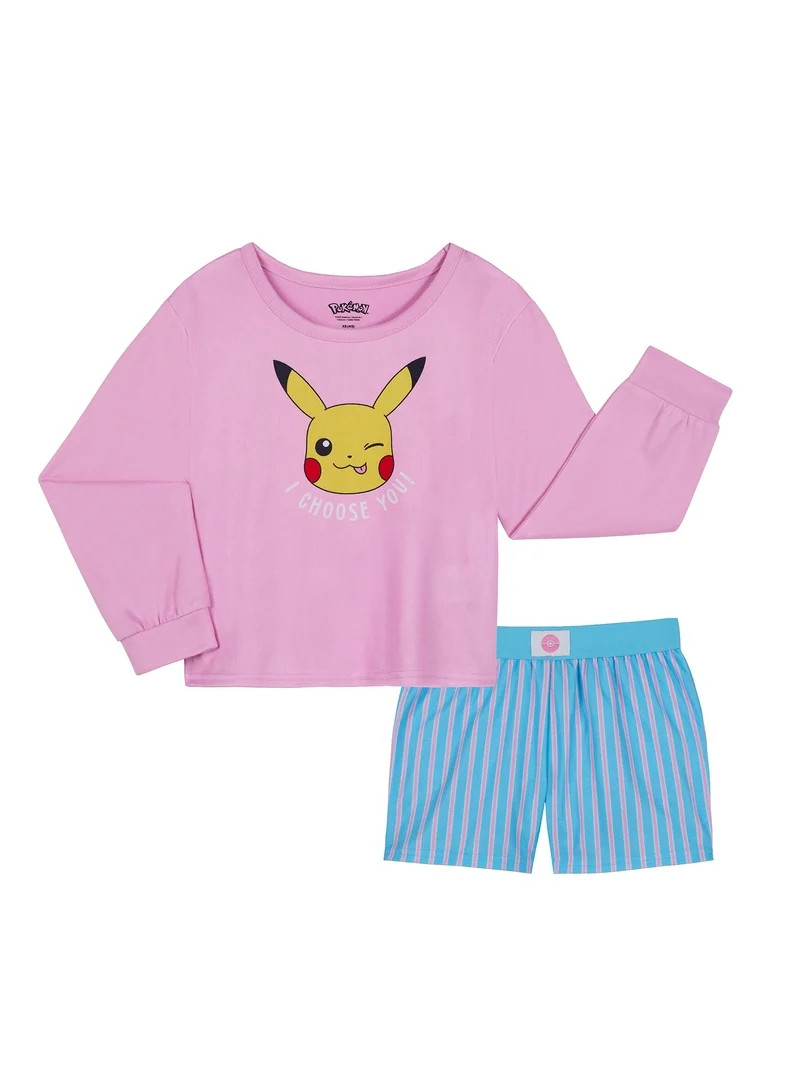 Pokemon Girls Long Sleeve Sleep Top and Shorts Pajama Set, 2-Piece, Sizes 4-12 | Walmart (US)