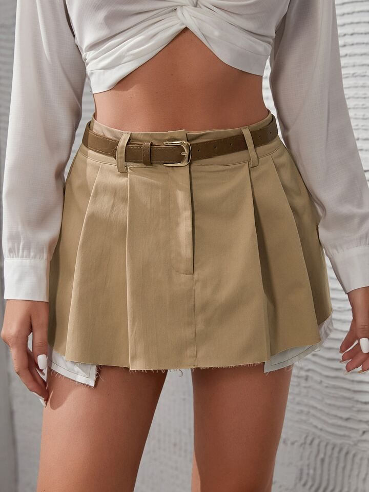 SHEIN EZwear Frayed Hem Pleated Belted Skirt | SHEIN