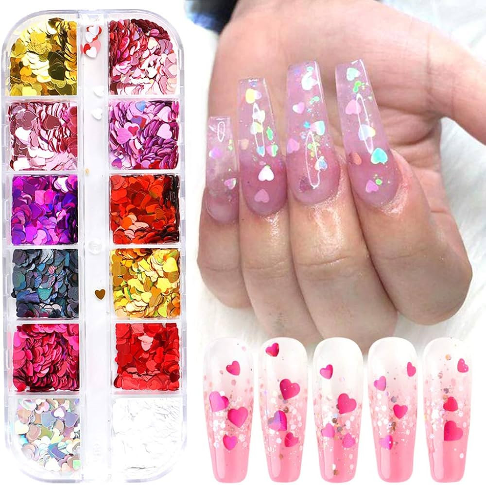 3D Heart Nail Art Stickers Glitter Decals Love Nail Sequins Laser Heart Nail Supplies Sparkle Nai... | Amazon (US)