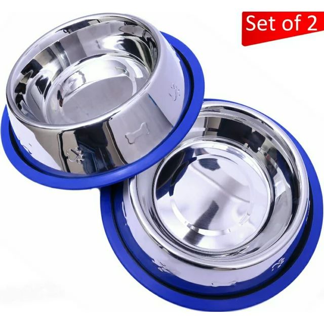 Set of 2 Etched Stainless Steel Dog Bowls with Blue Silicone Base | Walmart (US)