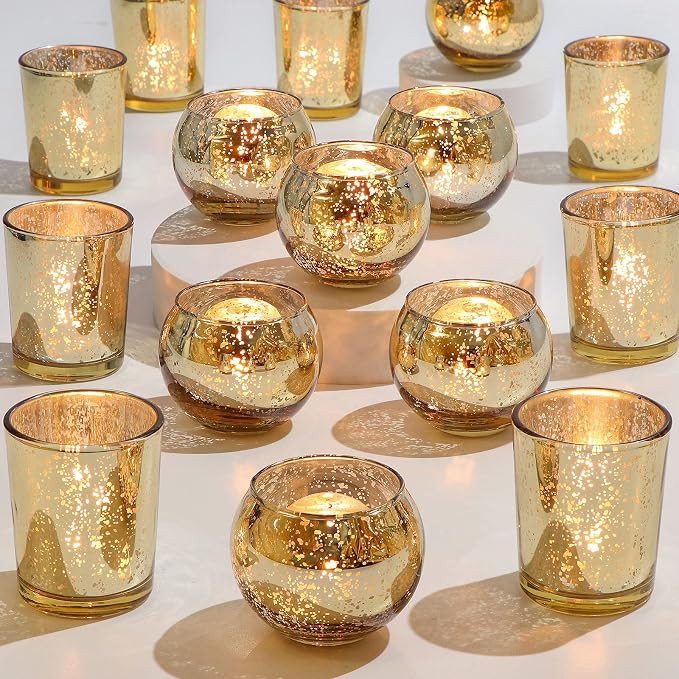 DEVI 24pcs Assorted Gold Votive Candle Holders, Mercury Glass Candle Holder, Diwali Decorations, ... | Amazon (US)
