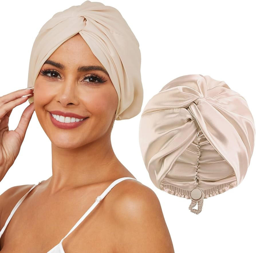 Adjustable Silk Satin Hair Bonnet for Sleeping, Double Layer Hair Wrap Sleep Cap Turban for Women... | Amazon (US)