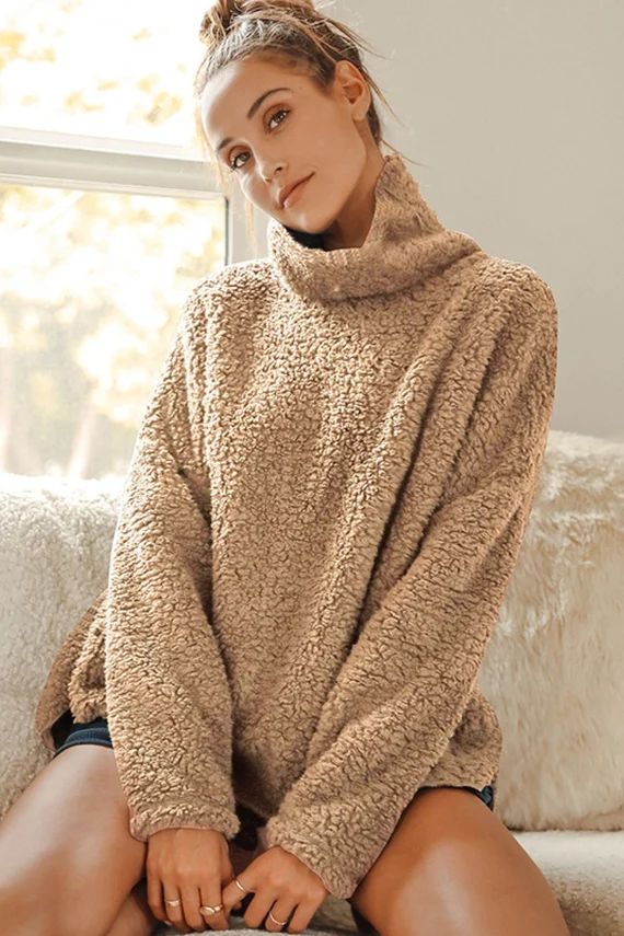 Funnel Neck Drop Shoulder Teddy Pullover | Etsy | Etsy (US)