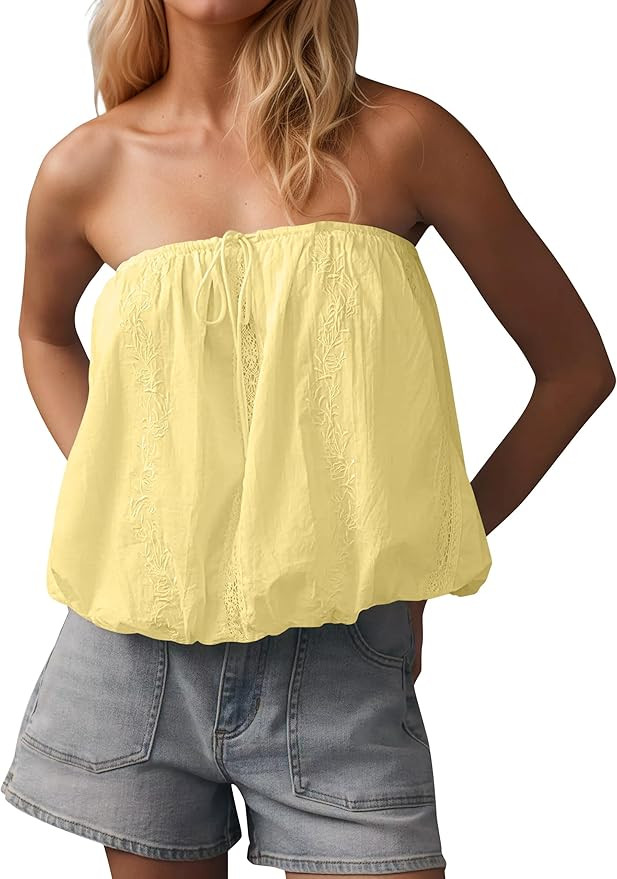 Women's Lace Embroidered Bubble Tube Top Girls Strapless Tie Front Puff Balloon Tops Summer Cute ... | Amazon (US)