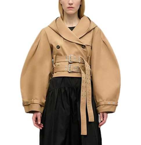 Wuitrie Women's Vintage Leather Hooded Coat Puff Sleeve Belted Waist Oversized Short Jacket Fall ... | Amazon (US)