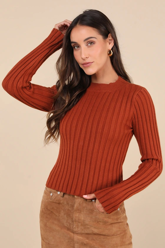 Snuggly Expression Rust Orange Ribbed Mock Neck Sweater Top | Lulus