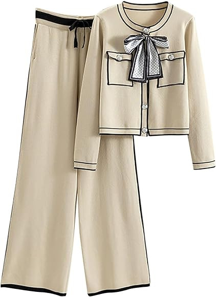Preppy Style Knit Two Piece Outfit Women Button Bow Cardigan Tracksuits Sweater Drawstring Wide Leg  | Amazon (CA)