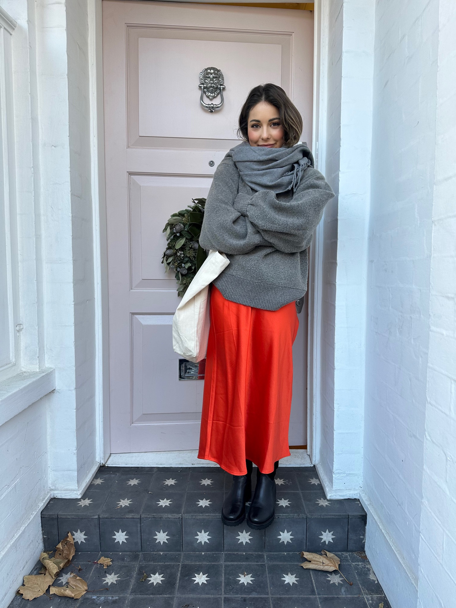 Satin skirt , grey jumper , grey wool scarf , cosy outfit , Chelsea boots , winter look , winter style , cold weather outfit inspo 

#LTKSeasonal #LTKeurope