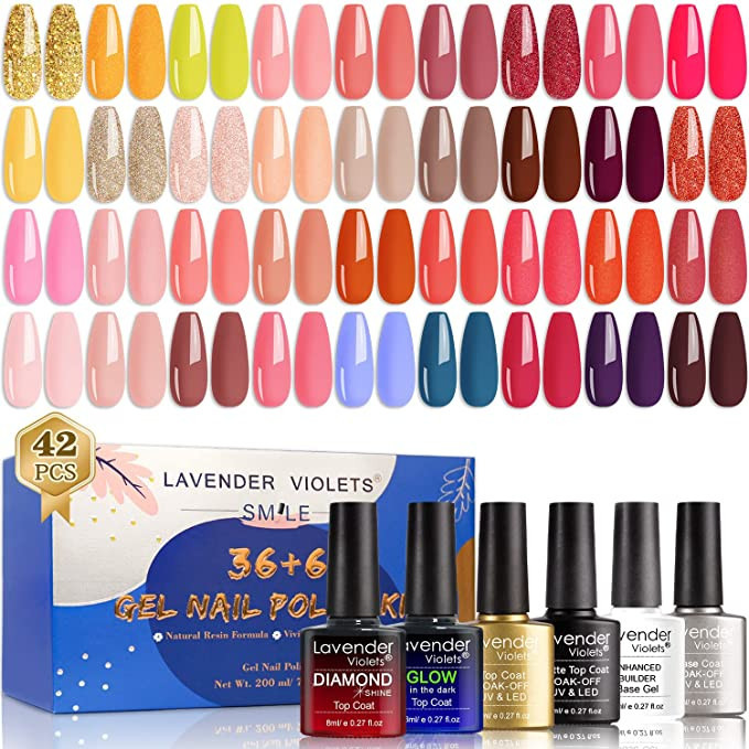 Lavender Violets 42 Pcs Gel Nail Polish Kit Set with 36 Colors Coat, 6 Bottles of Base top Coat, ... | Amazon (US)