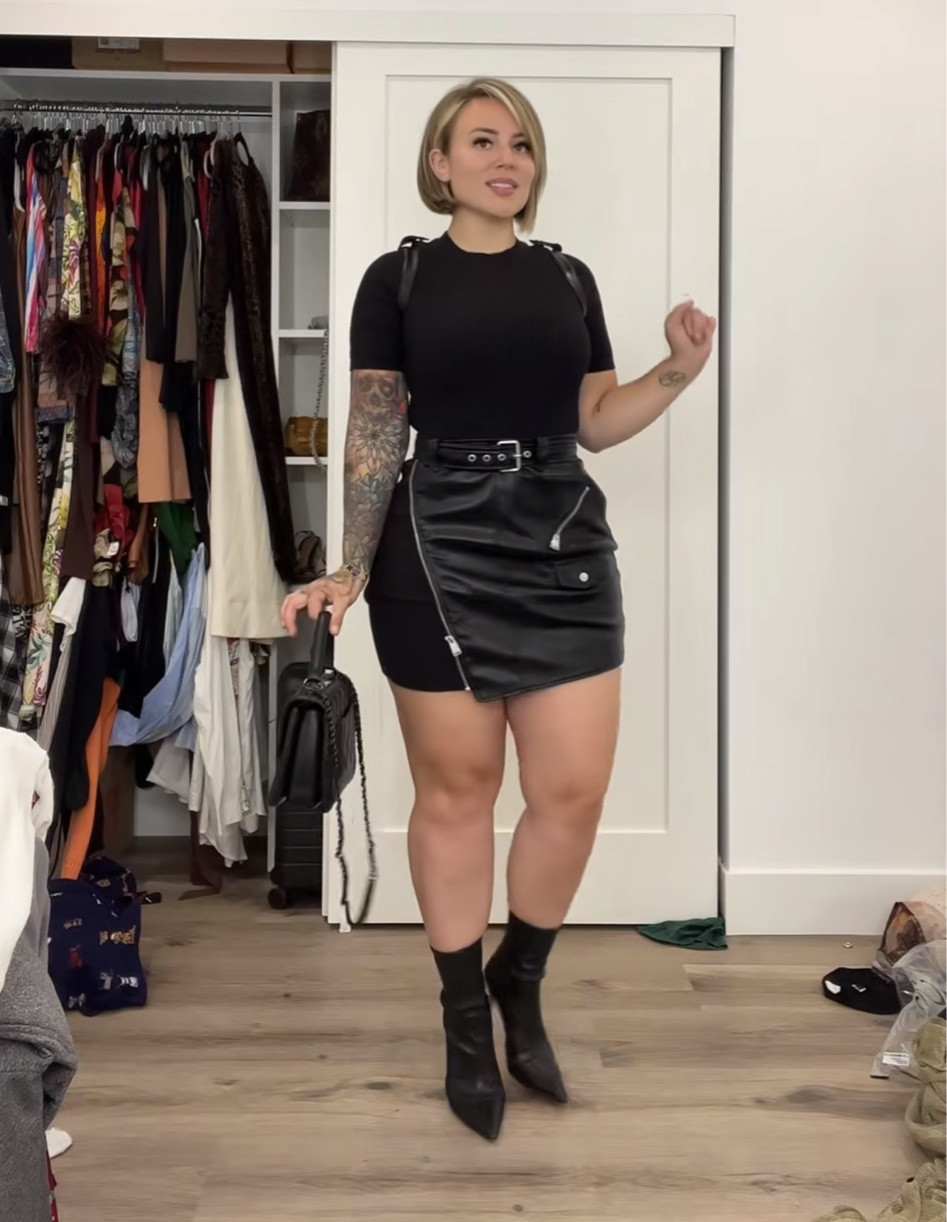 Tiktok (GRWM) dress is from SIMKHAI: Anisa Belted Vegan Leather & Knit Combo Mini Dress 💗