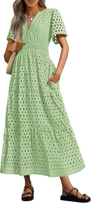 PRETTYGARDEN Womens 2026 Summer Maxi Dress Short Sleeve V Neck Hollow Out Eyelet A Line Long Flow... | Amazon (US)