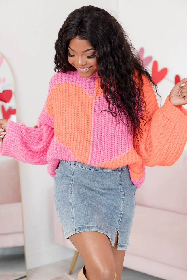 Love Me Now Orange And Pink Colorblock Heart Sweater FINAL SALE | Pink Lily