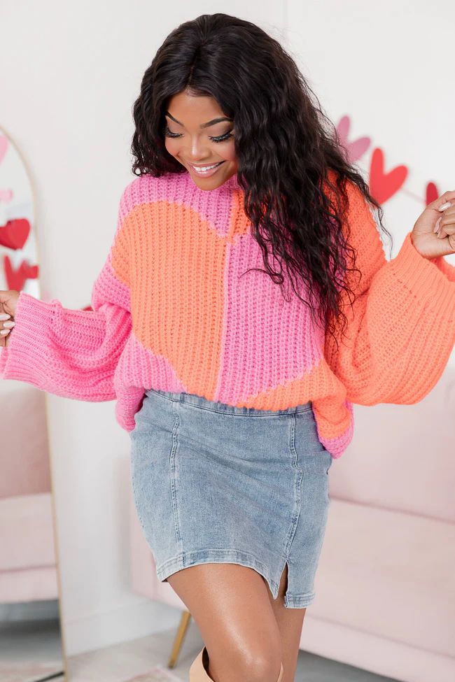 Love Me Now Orange And Pink Colorblock Heart Sweater | Pink Lily