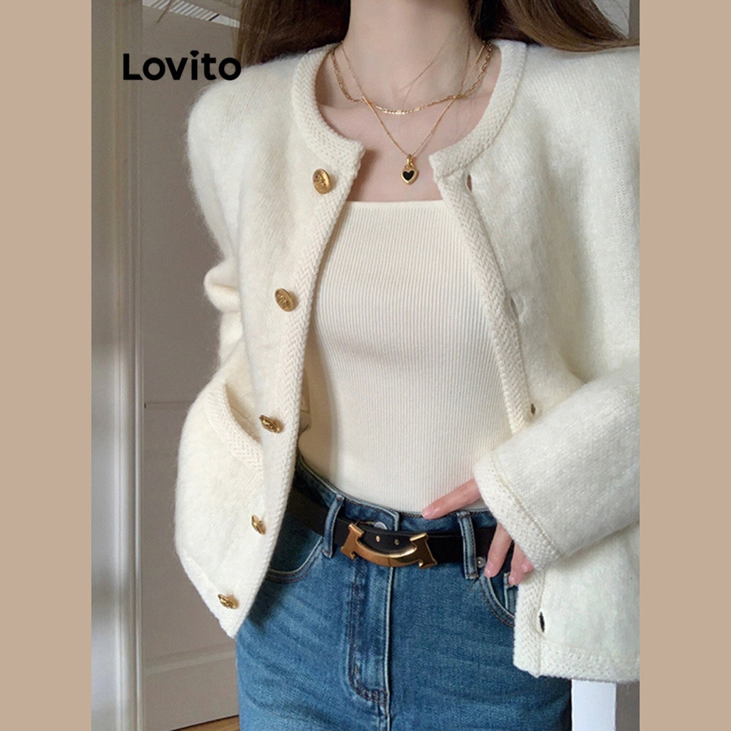 Lovito Cardigans Frontais Com Botão De Bolso Liso Casual Para Mulheres LNA30039 (Off White) | Shopee (BR)