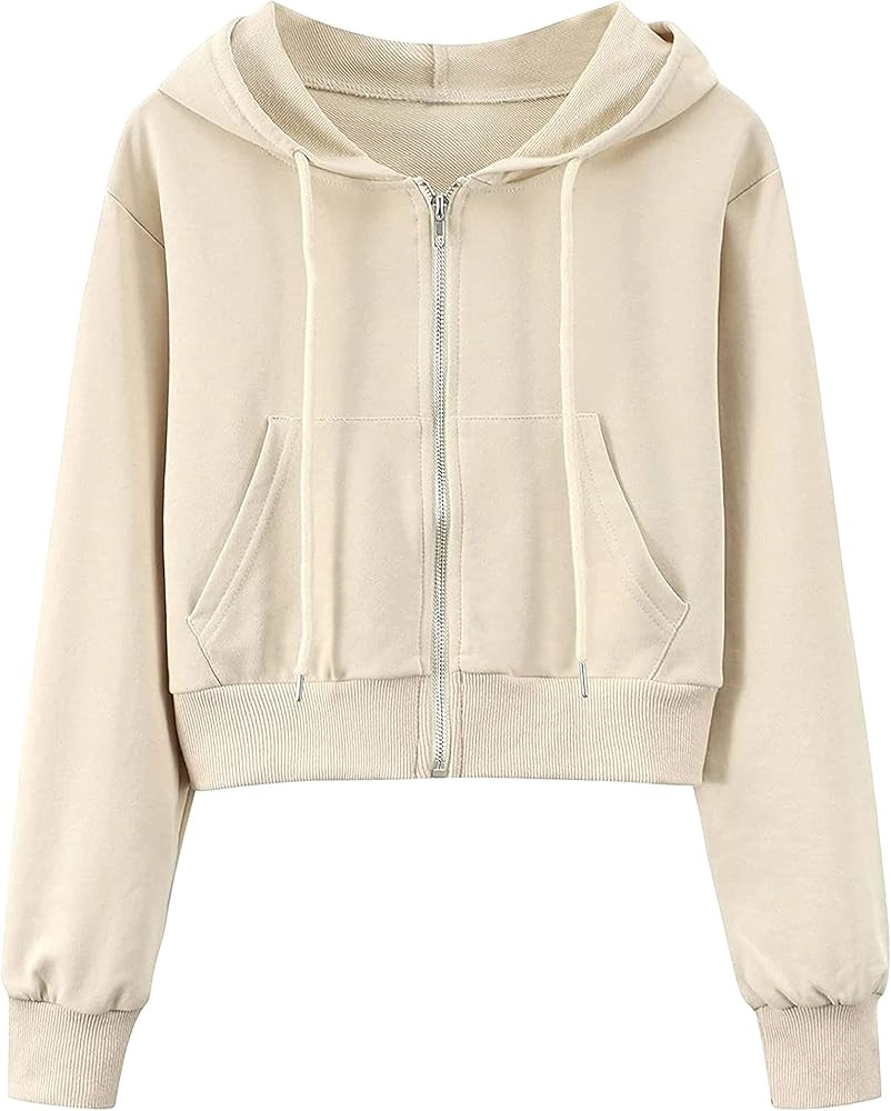 Hooever Womens Cute Workout Cropped Zip Up Drawstring Hoodie Sweatshirt Jacket | Amazon (US)